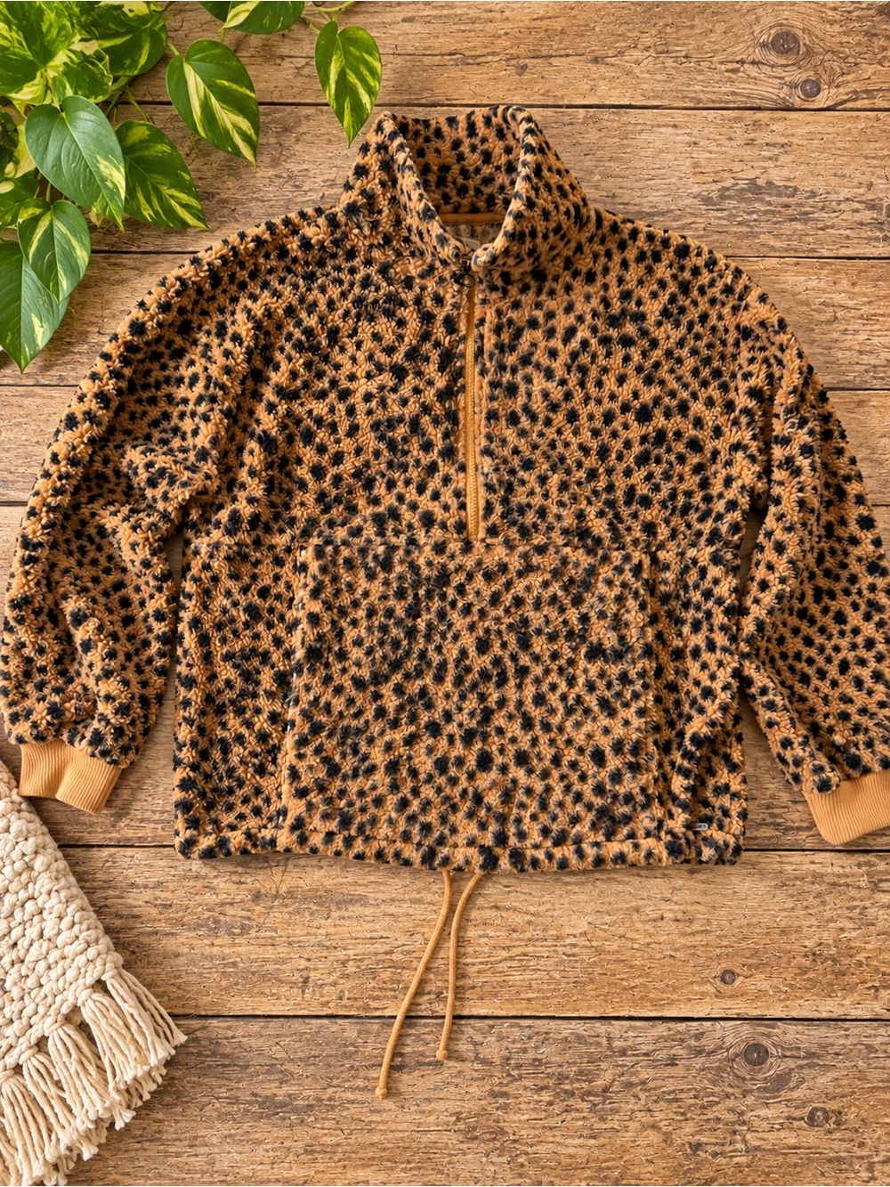 Billabong Leopard Sherpa Fleece Half Zip Pullover Jacket Small